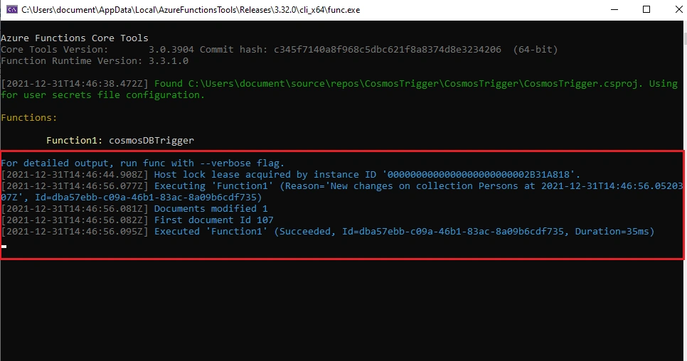 Cosmos Trigger in Visual Studio