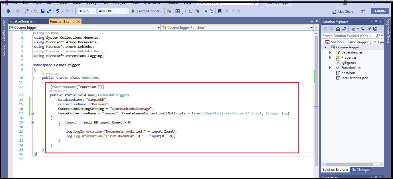 Cosmos Trigger in Visual Studio