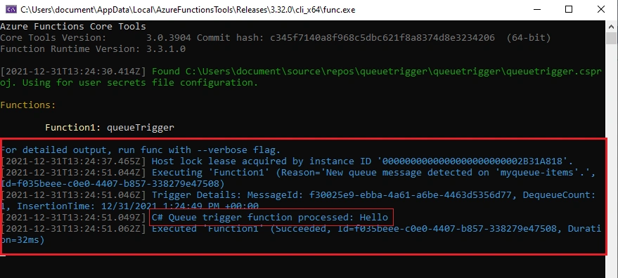 Queue Trigger in Visual Studio