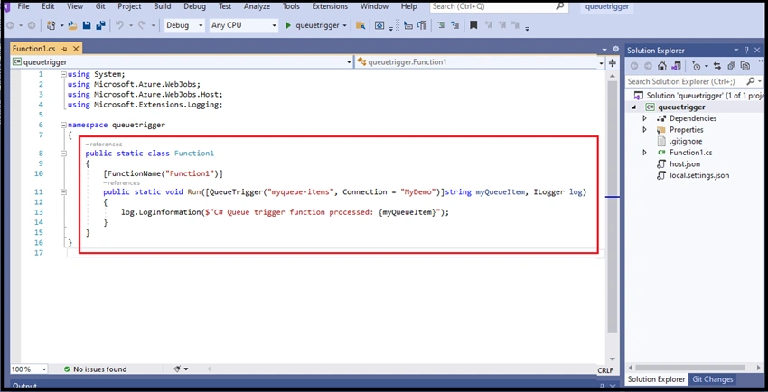 Queue Trigger in Visual Studio