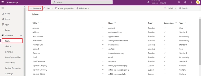 Create Dataverse Expense Details Table and build simple PowerApp using that table