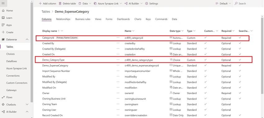 Create Dataverse Expense Details Table and build simple PowerApp using that table