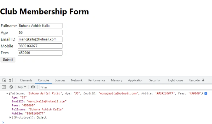 Entered FormData display in Console Log in ReactJS
