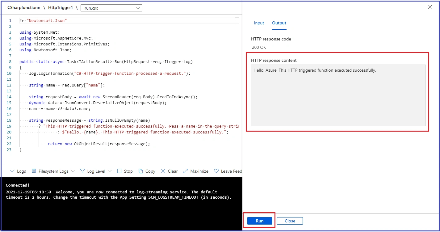 Http Trigger Function in Azure Portal