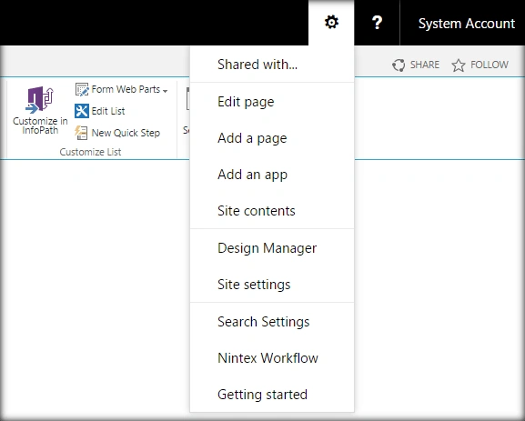 SharePoint 2016 Site Actions