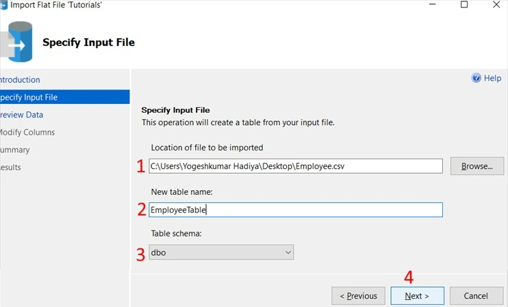 Specify input table