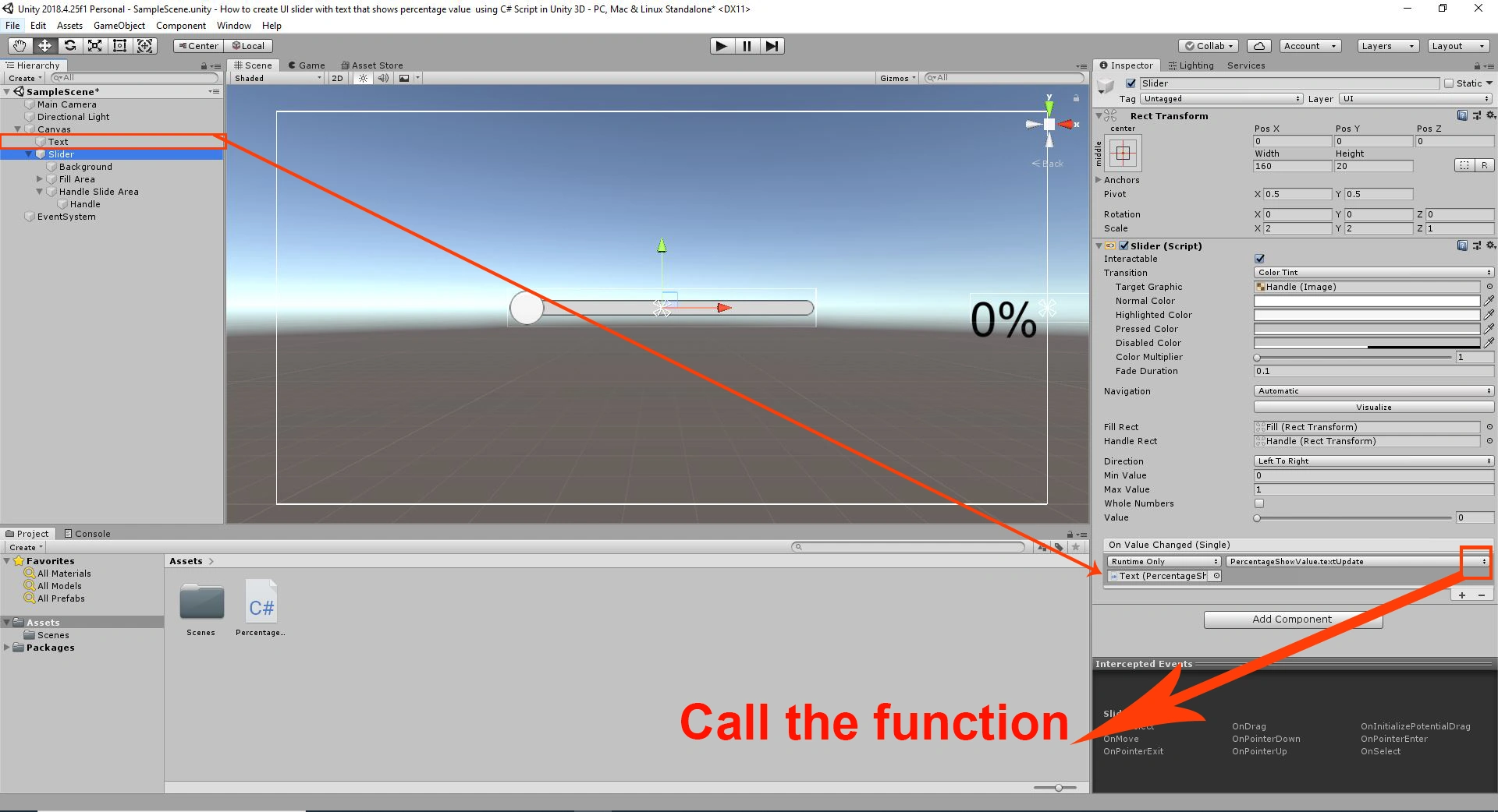 Create UI slider with text that shows percentage value using C# Script in Unity 3D