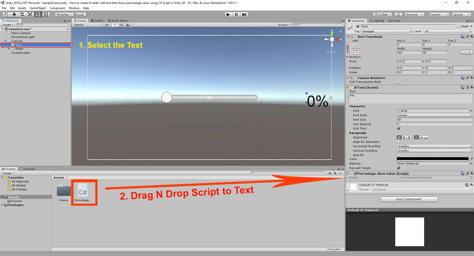 Create UI slider with text that shows percentage value using C# Script in Unity 3D