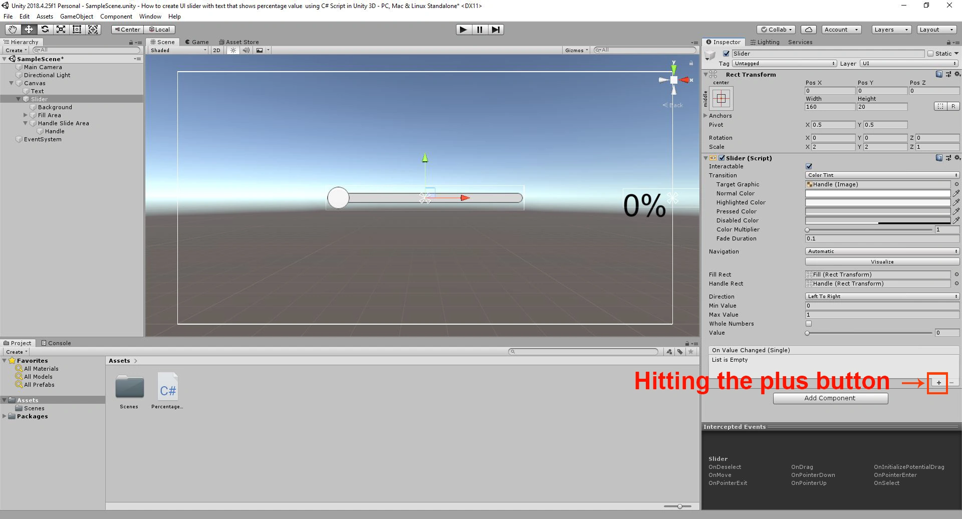 Create UI slider with text that shows percentage value using C# Script in Unity 3D