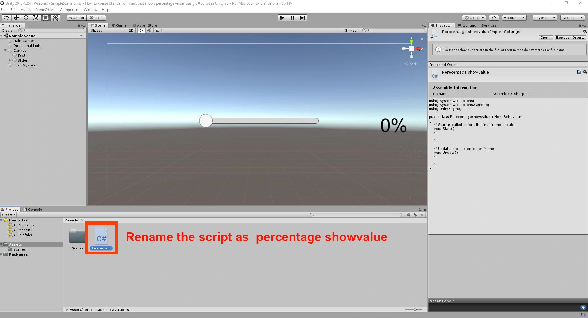 Create UI slider with text that shows percentage value using C# Script in Unity 3D