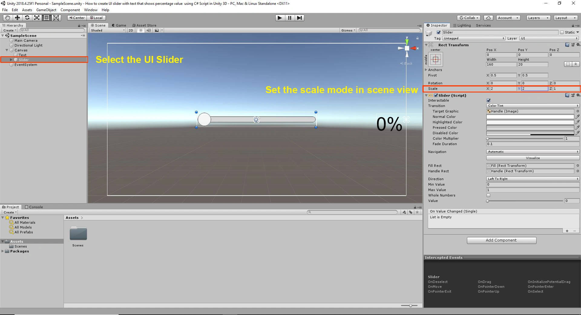 Create UI slider with text that shows percentage value using C# Script in Unity 3D