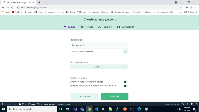Create VueJS Project using Vue UI