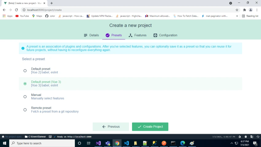 Create VueJS Project using Vue UI