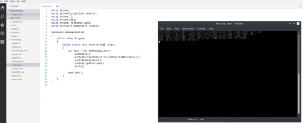 Visual Studio Code showing the default ASP.NET directory as a project