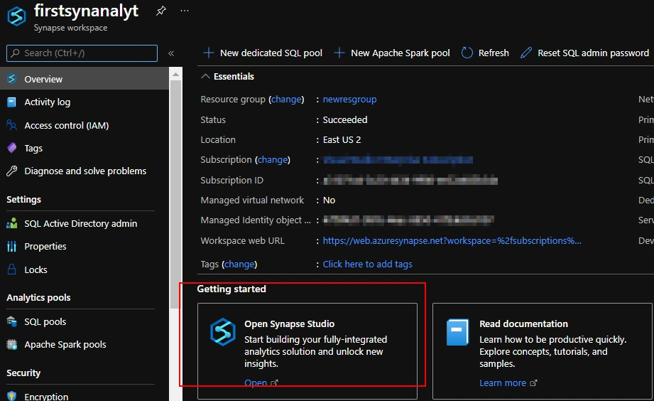 Creating Apache Synapse Analytics Workspace