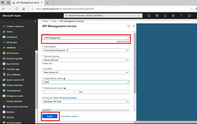 Creating Azure API Management Instance Service