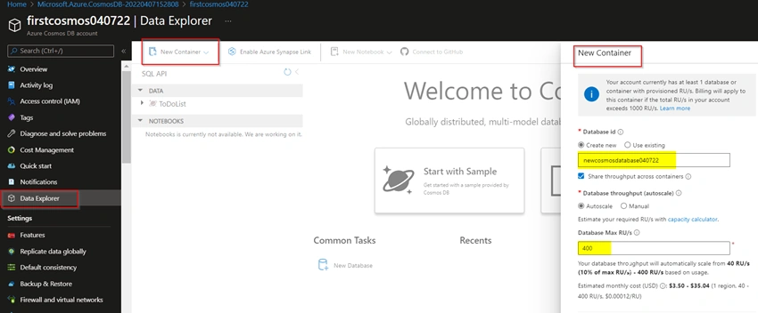Creating Azure Cosmos DB resources from the Azure portal