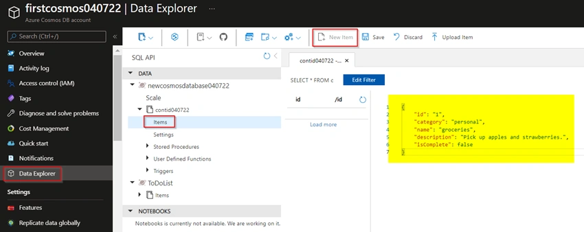 Creating Azure Cosmos DB resources from the Azure portal