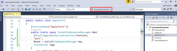 Creating Azure Functions In Visual Studio 2017 - HTTP Triggered Azure Functions