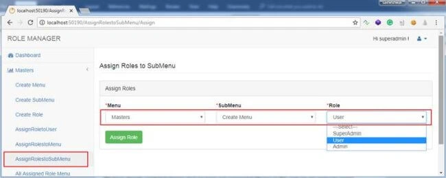 Assign Roles to SubMenu