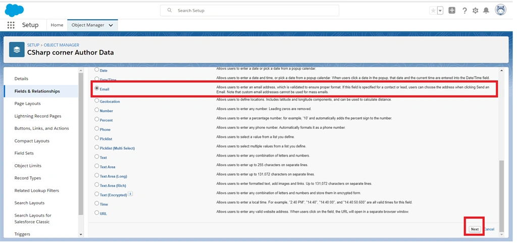 Creating Email Field Data Type In Salesforce Object
