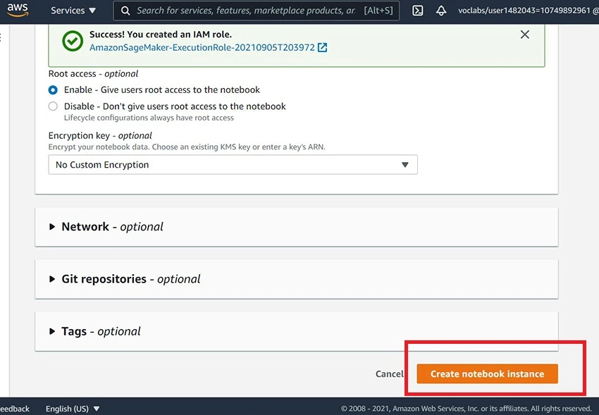 Creating Notebook Instance in Amazon SageMaker