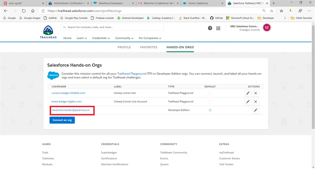 Creating Salesforce Developer Edition Account And Connect With Trailhead Org