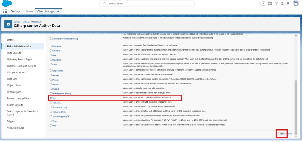 Creating Text And Text Area Field Data Types In Salesforce Object