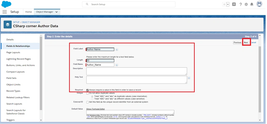 Creating Text And Text Area Field Data Types In Salesforce Object