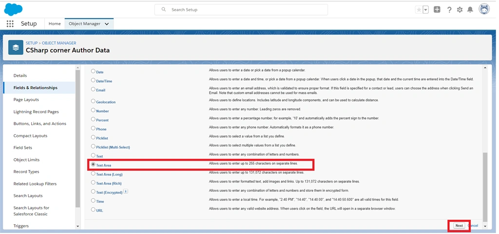Creating Text And Text Area Field Data Types In Salesforce Object