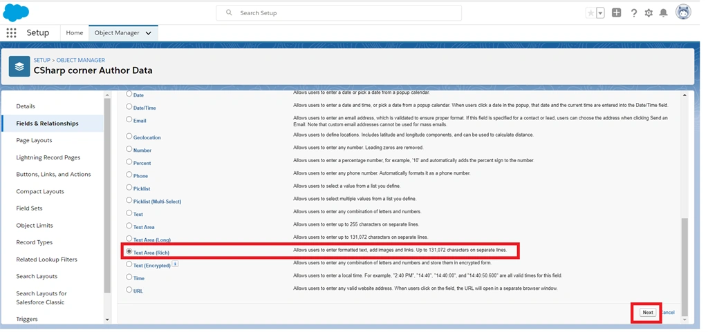 Creating Text And Text Area Field Data Types In Salesforce Object