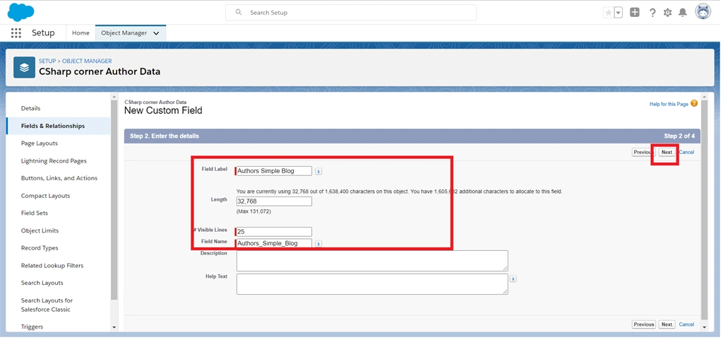 Creating Text And Text Area Field Data Types In Salesforce Object