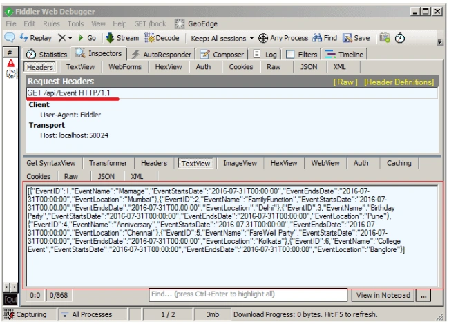 Testing Event Controller API in Fiddler