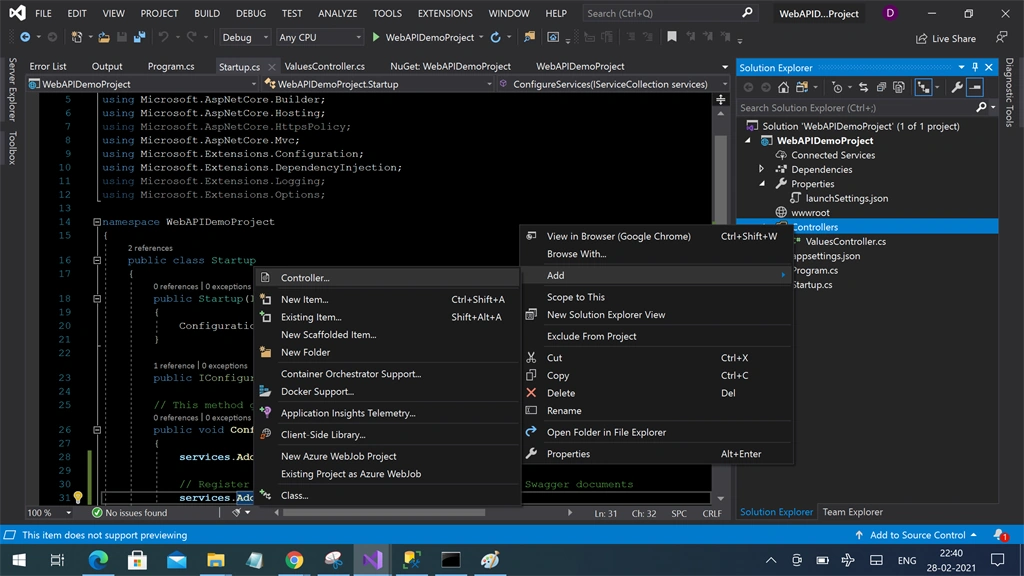 Creating WEB API project Visual Studio 2019 - ASP.NET Core And Swagger