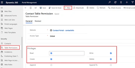 table permission and create contact