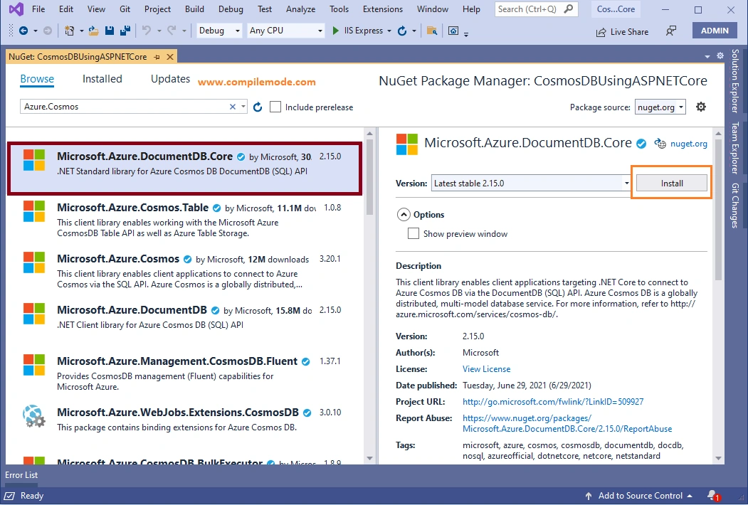 CRUD Operations in Azure Cosmos DB SQL API Using ASP.NET Core Web API C#