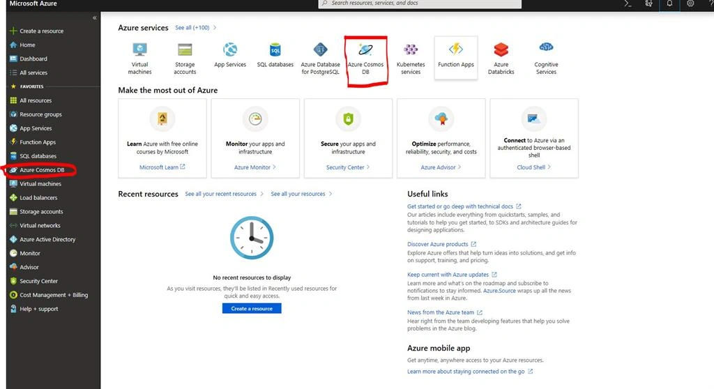 Azure portal DashBoard