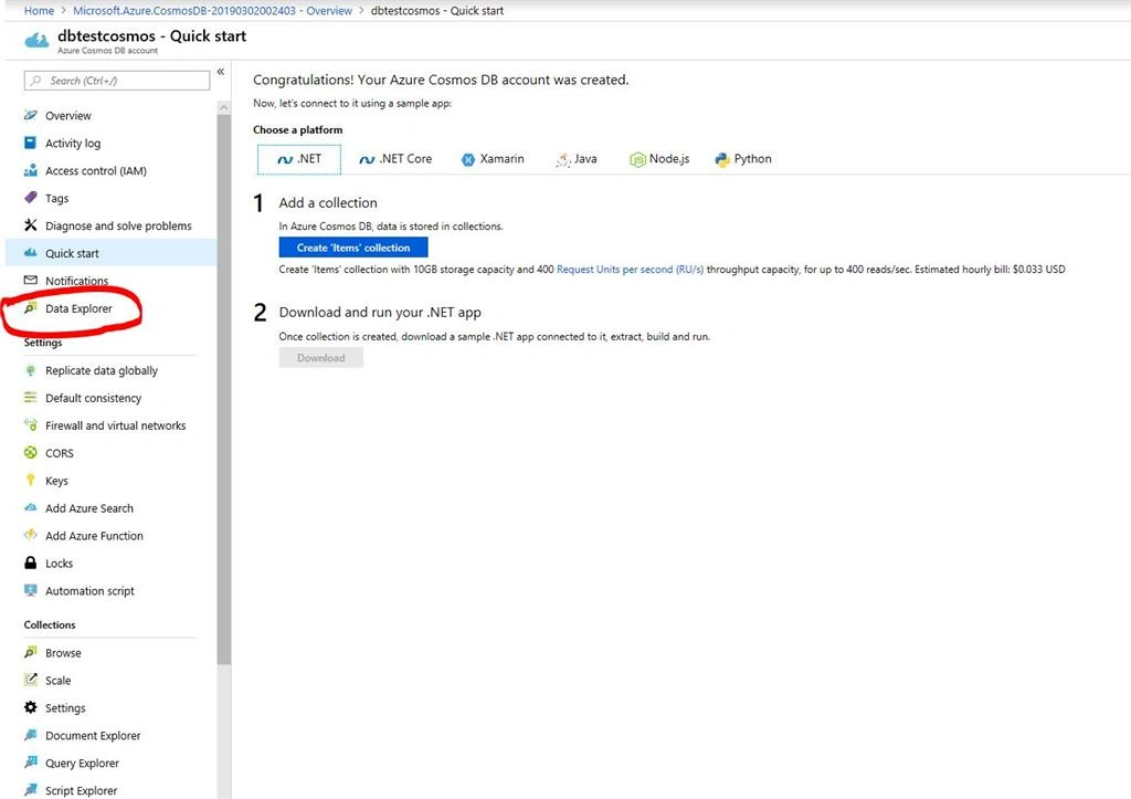 Cosmosdb account details