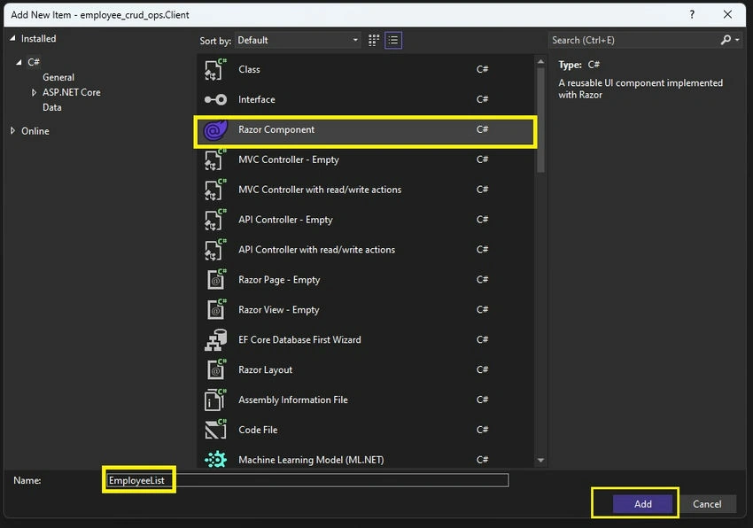 Add Blazor Component