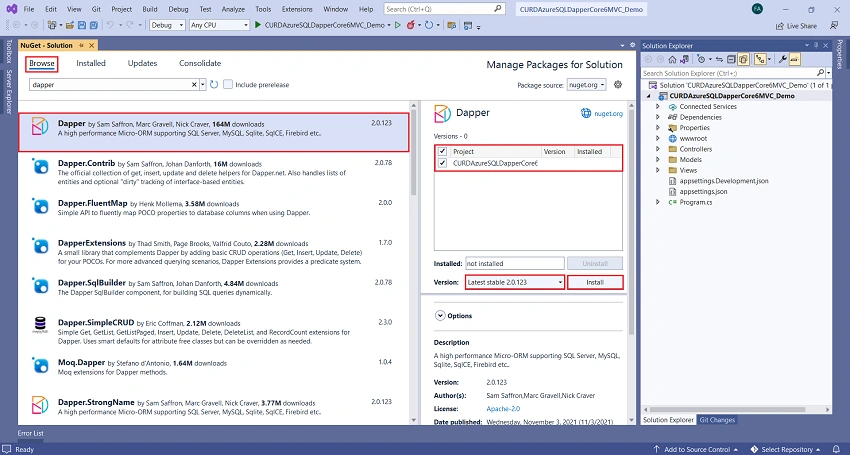 CURD Azure SQL Database Dapper And Repository Pattern Using ASP.NET Core 6 MVC