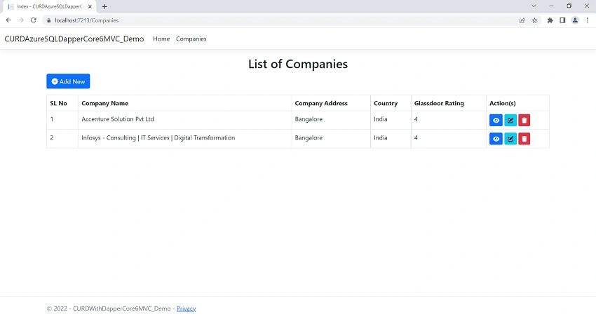CURD Azure SQL Database Dapper And Repository Pattern Using ASP.NET Core 6 MVC
