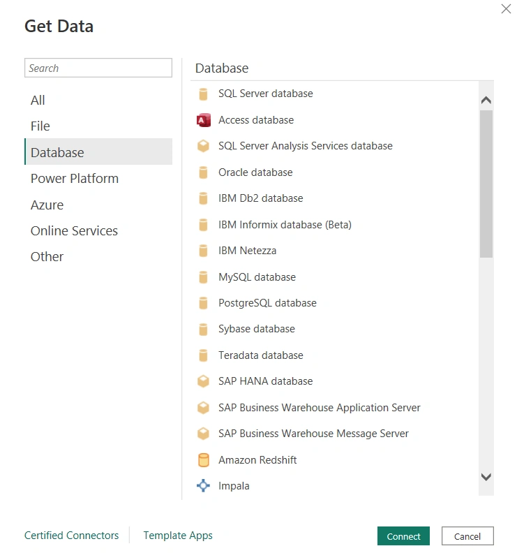 Data Source connectors available in Power BI/Connect Power BI with a Data Source
