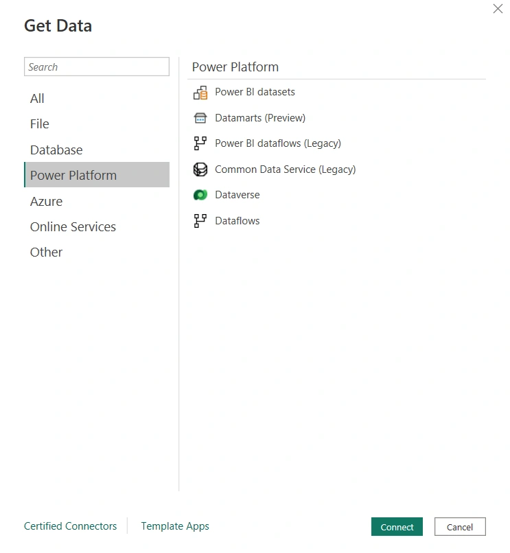 Data Source connectors available in Power BI/Connect Power BI with a Data Source