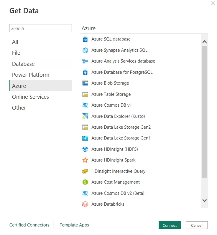 Data Source connectors available in Power BI/Connect Power BI with a Data Source