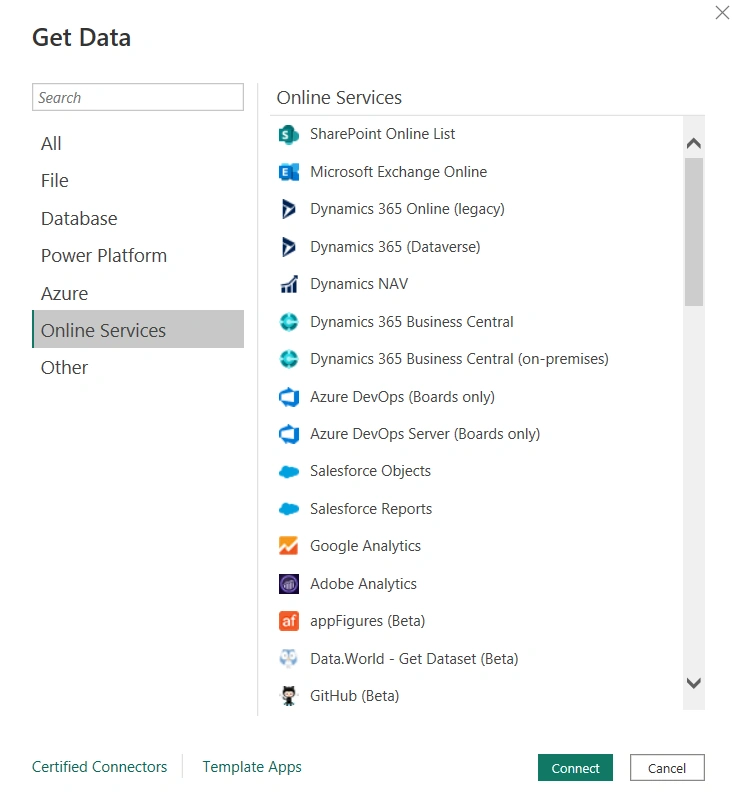Data Source connectors available in Power BI/Connect Power BI with a Data Source