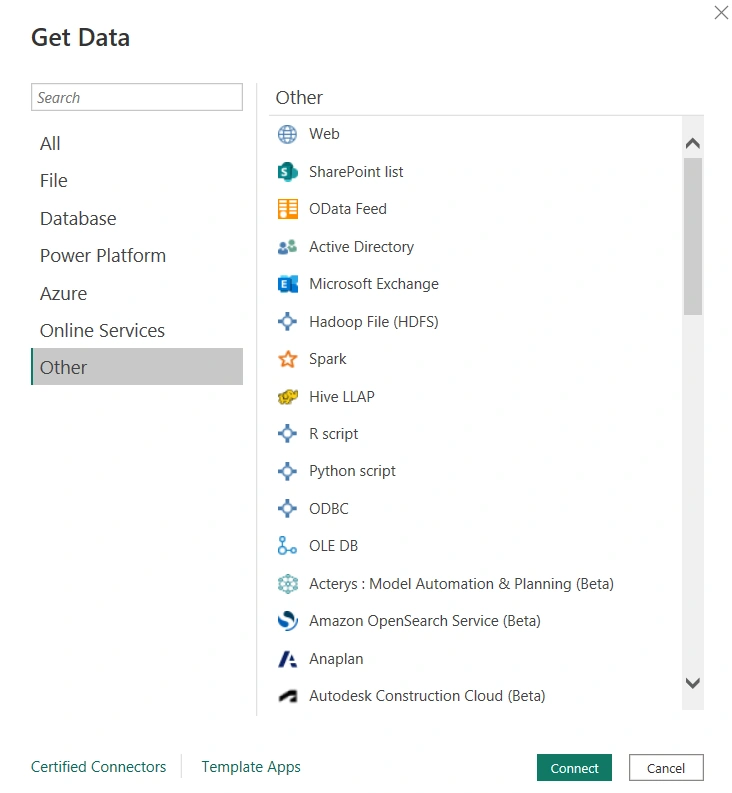 Data Source connectors available in Power BI/Connect Power BI with a Data Source