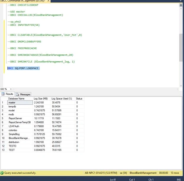 DBCC SQLPERF(LOGSPACE)