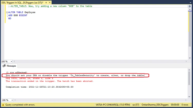 DDL Triggers In SQL Server