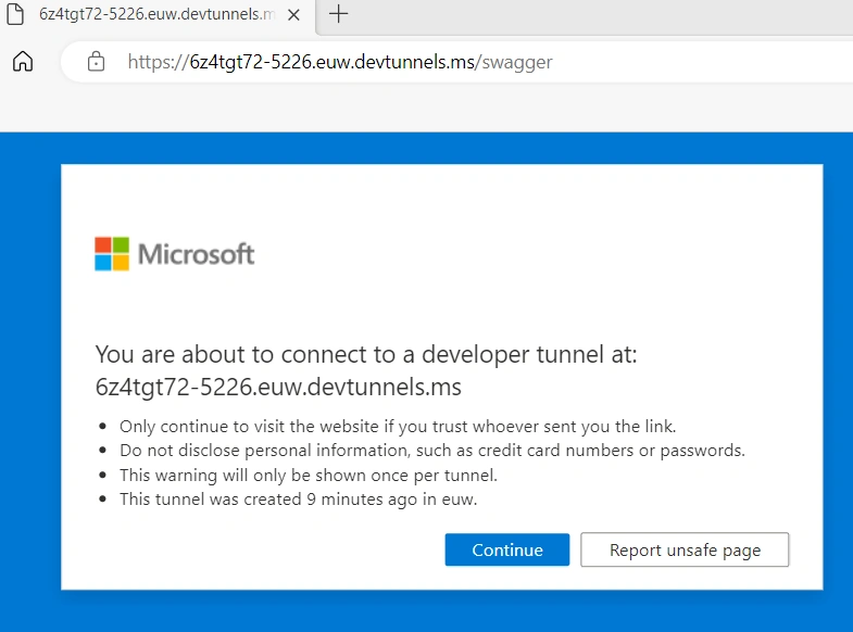 Dev tunnel swagger