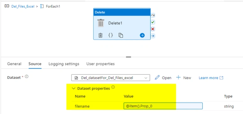 Delete files based on excel column name in Azure Data Factory
